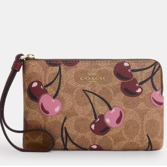 COACH Corner Zip Wristlet In Signature Canvas With Cherry Print 🍒🍒 - Picture 1 of 8